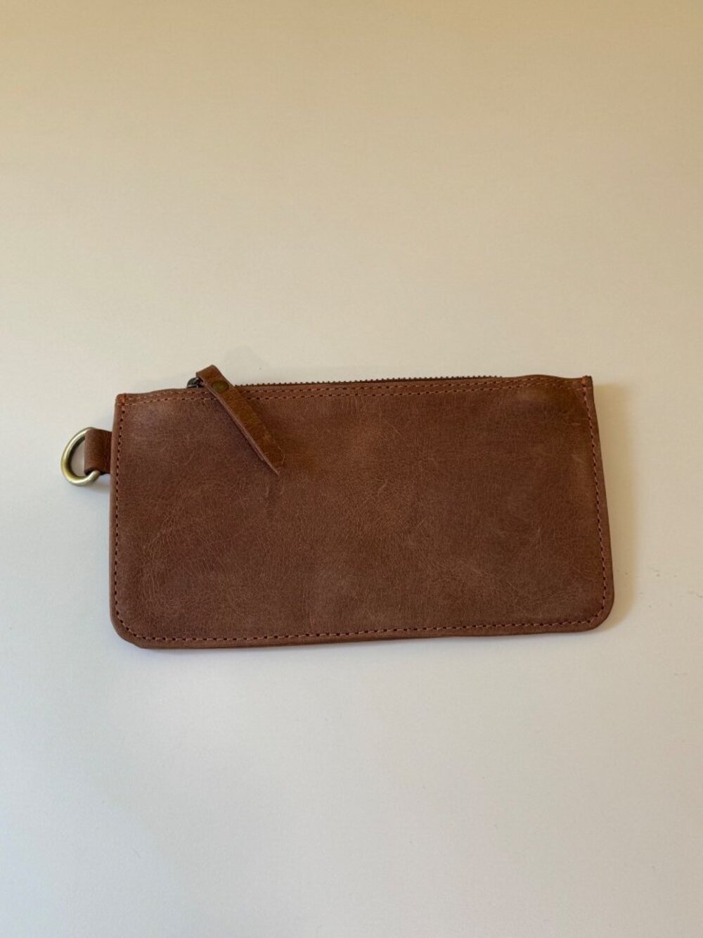 Brown Leather Zippered Coin Purse With Brass Ring Accent